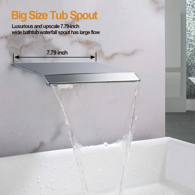 AZOS Waterfall Bath Spout Wall Mount Tub Filler Brass Waterfall Bathtub Spout Adapter High Flow Tub Shower Faucet Sprayer Attachment, Chrome Finish - Image 5